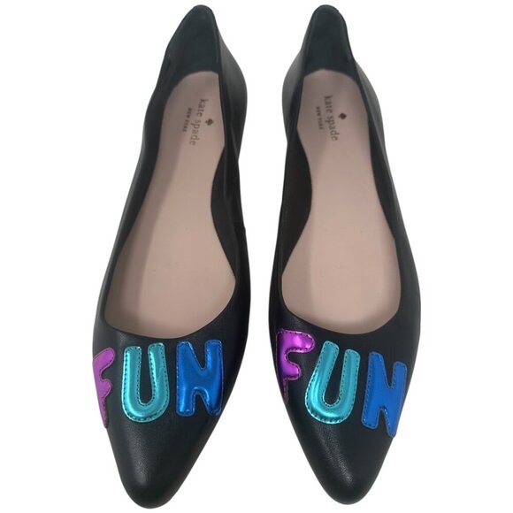 New Kate Spade Elliot “FUN” Printed Black Leather Pointed Toe Flats Size 11 - Picture 5 of 13